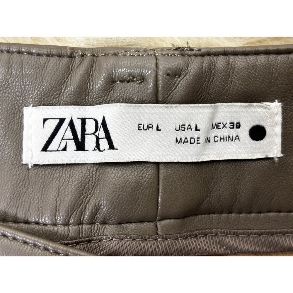 Zara Faux Leather Pants Womens L Khaki Brown High Rise Straight Leg Vegan Y2K - Picture 6 of 6